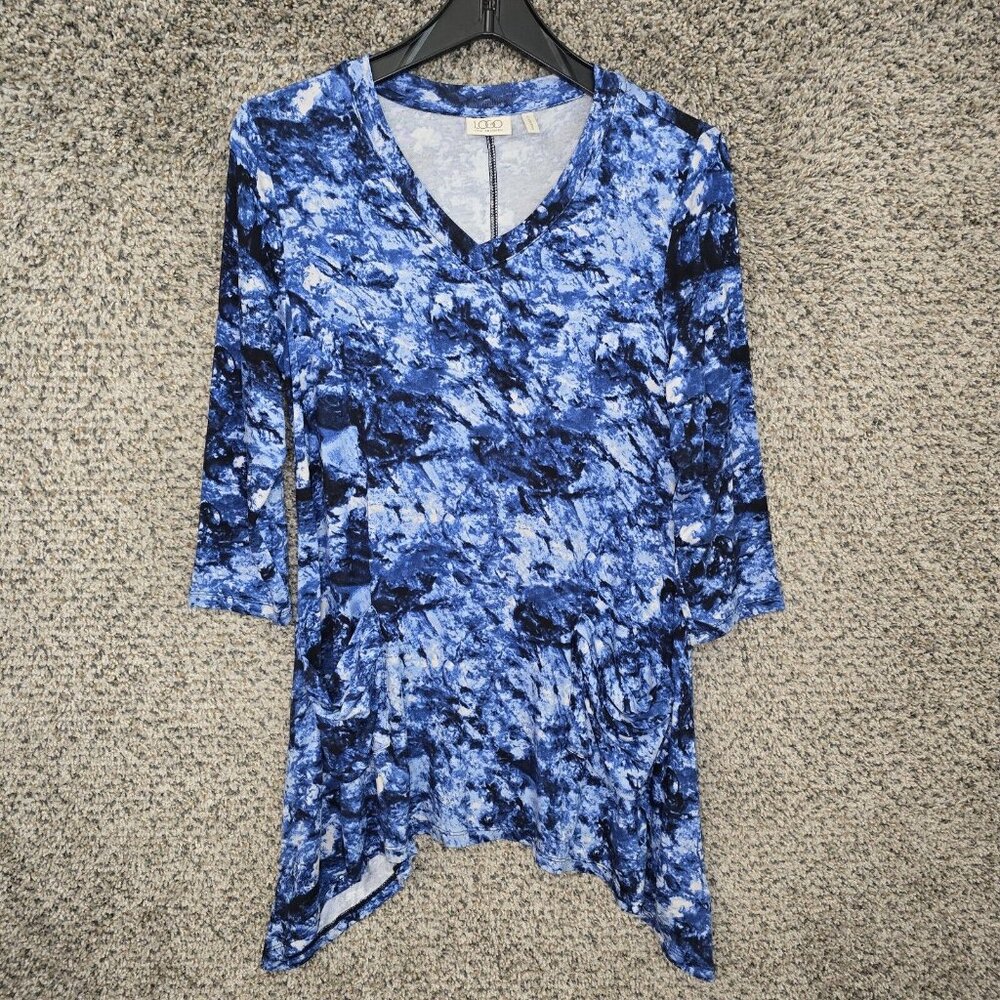 LOGO Lori Goldstein Top Womens Small Blue Scoop Neck Tunic Pockets Casual Ladies